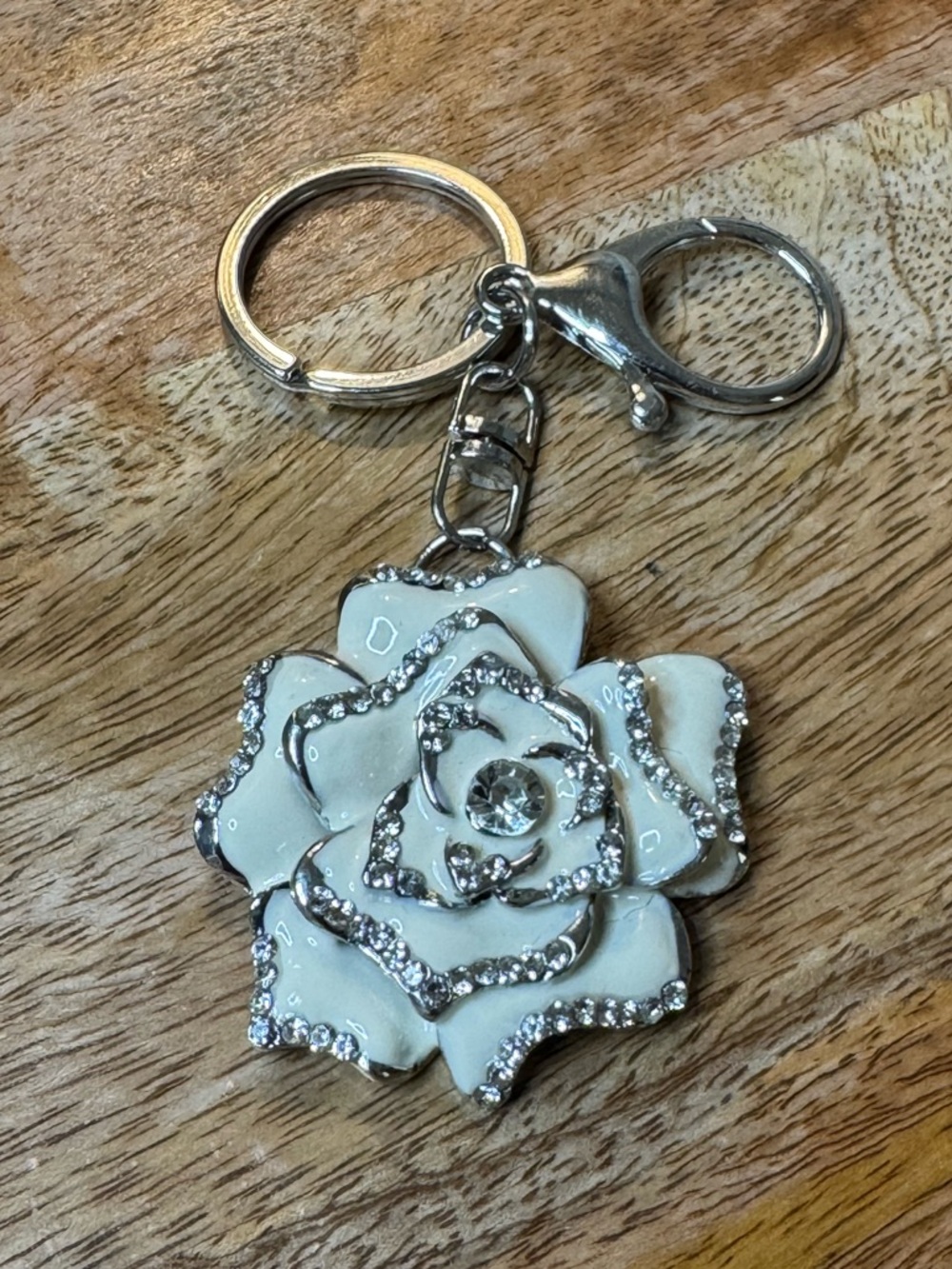 Elegant White Crystal Rose Keychain Charm